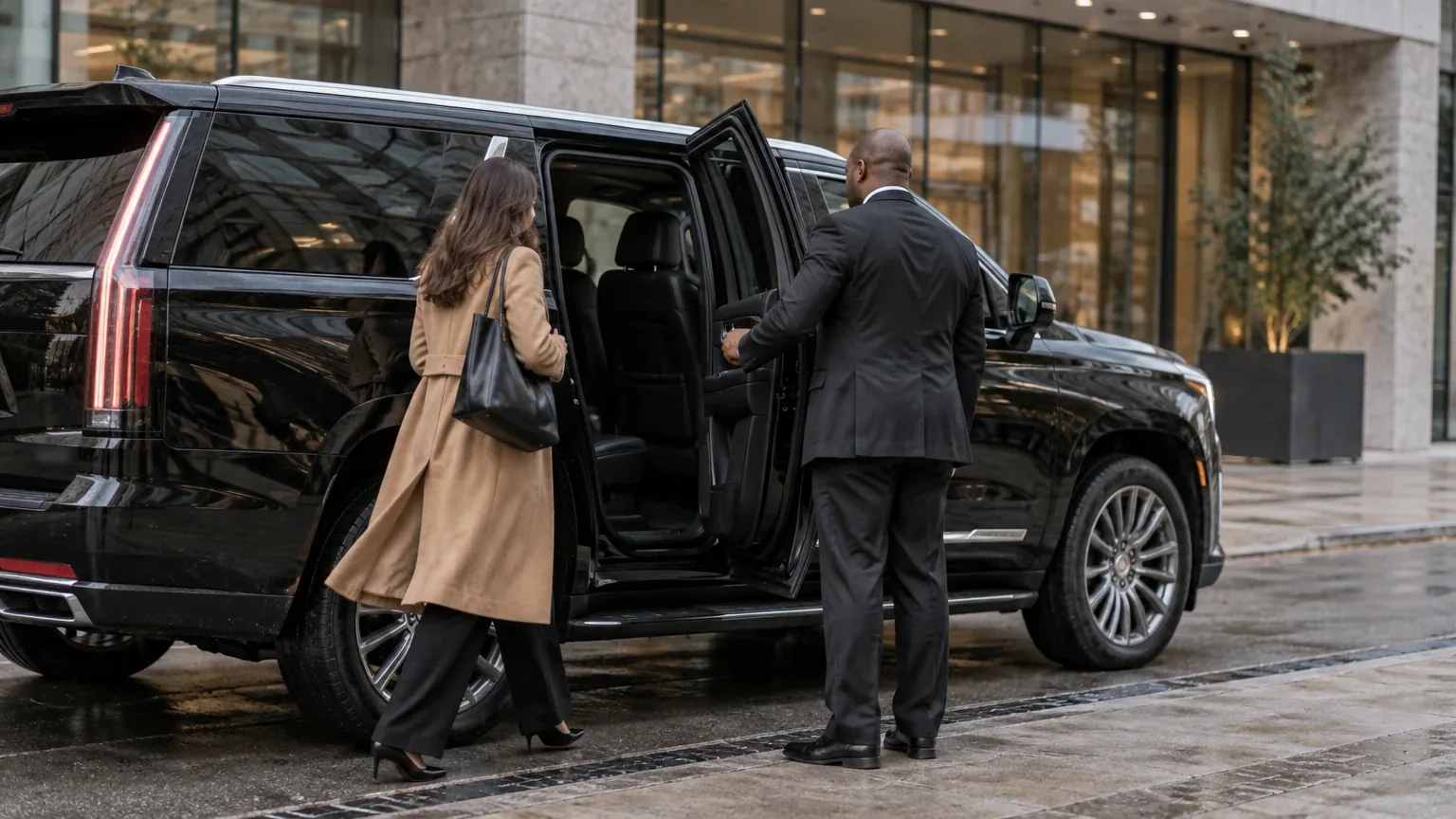 Chauffeur holding the rear door of a black SUV for a passenger outside an office building